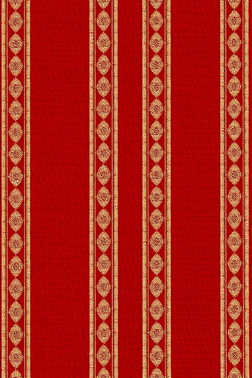 Create a richly textured fabric pattern featuring alternating vertical stripes of deep red and intricate gold detailing, shot with a Canon EOS 5D Mark IV, 50mm lens, f/1.8 aperture, ISO 100, natural light, top-down view for enhanced quality and clarity.