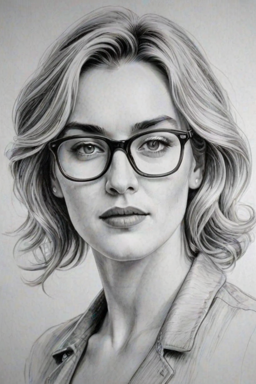 Fetching Kate Winslet, pencil sketch, portrait of Delightful woman 1979s in glasses, hair style beatnik, outline, clear lines, fine lines, 8k
