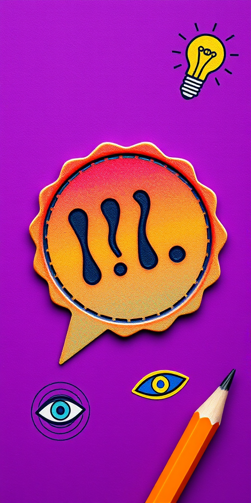 Create an illustration of a rubber stamp with a speech bubble containing ellipses in vibrant colors on a purple background, showing creative elements like a light bulb, an eye, and a pencil, captured with a Canon EOS R5, 50mm lens, f/1.8 aperture, ISO 100, top-down view, vibrant color style.