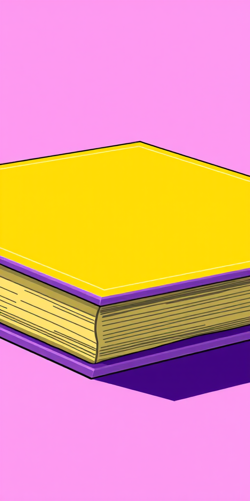create a vibrant illustration of a thick, closed book with a bright yellow cover and purple edges, using a DSLR camera with a 50mm lens, f/2.8 aperture, ISO 100, in a well-lit studio setting to enhance color contrast and sharpness