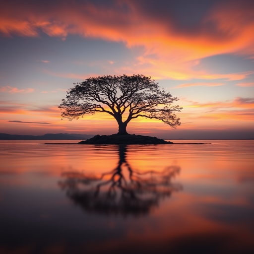 Generate a serene landscape depicting a solitary tree on an island surrounded by reflective water, during sunset, with vibrant orange and subtle purple hues in the sky, using a Canon EOS R5 camera with a 50mm lens, f/1.8 aperture, ISO 100, shutter speed 1/200s, shot from a low angle to emphasize the tree's silhouette against the horizon and create a soft bokeh effect in the background.