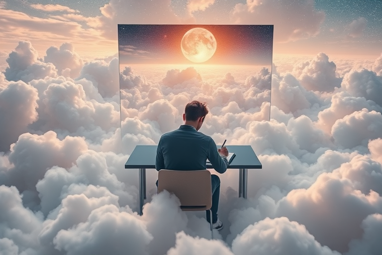 Create a surreal image of a person sitting at a desk writing in a notebook surrounded by fluffy clouds and a large mirror reflecting a cosmic scene, using a Canon EOS R5 with a 50mm f/1.2 lens, aperture at f/2.8, ISO 100, 1/125 sec shutter speed, captured from a slightly high angle in soft diffused natural light for an ethereal quality.