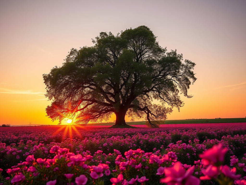 Capture a vibrant sunset landscape featuring a large tree in a field of blooming pink flowers, using a DSLR camera with a 50mm lens, f/1.8 aperture, ISO 200, and a warm golden hour lighting for enhanced color saturation and depth.