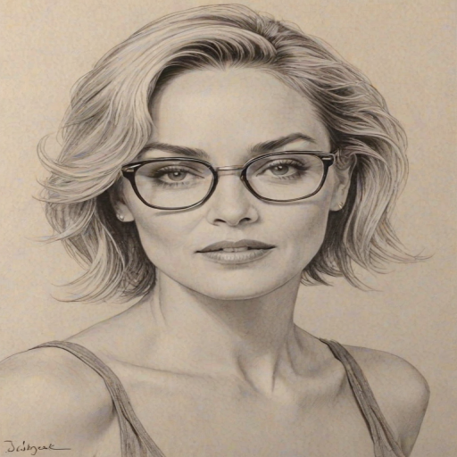 Comely Sharon Stone, pencil sketch, portrait of Alluring woman 1948s in glasses, hair style beatnik, outline, clear lines, fine lines, 8k