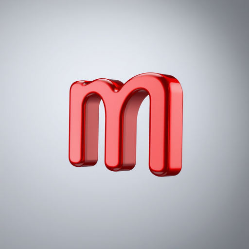 Generate a 3D render of a shiny, red letter "m" on a transparent background, using a Canon EOS 5D Mark IV camera, 50mm lens, f/1.8 aperture, ISO 100, with soft studio lighting and a slight 45-degree angle view to enhance depth and reflections.