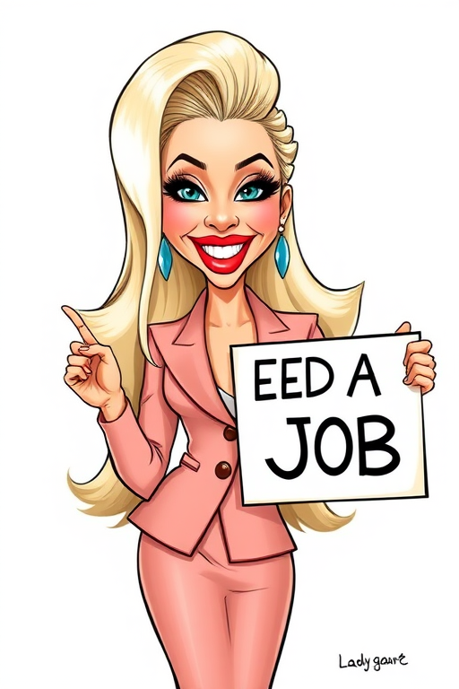caricature of a smiling Lady Gaga in a Peach dress or suit, holding up a sign that says "NEED A JOB", no watermark,