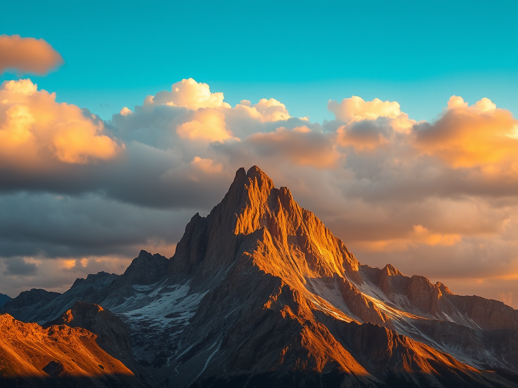 mountain landscape during golden hour with dramatic clouds, shot with a Canon EOS R5, 50mm lens, aperture f/8, ISO 100, shutter speed 1/200s, wide-angle view, high dynamic range, focus on peak details