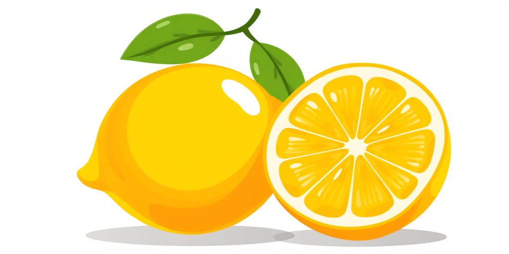 create a high-quality digital illustration of a lemon with a vibrant yellow color, showing both the whole fruit and a cut half revealing the juicy interior, use a 50mm lens, f/2.8 aperture, ISO 100, and a shallow depth of field to blur the background for emphasis on the lemon, styled as a clean, modern graphic with bold outlines and smooth gradients.