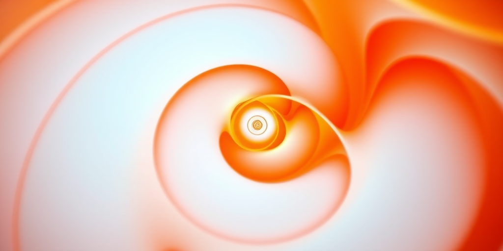 Create a vibrant abstract spiral design featuring gradients of orange and white, captured with a Canon EOS R5 at f/8, ISO 100, 1/100s, using a macro lens for sharp details and a soft-focus background.