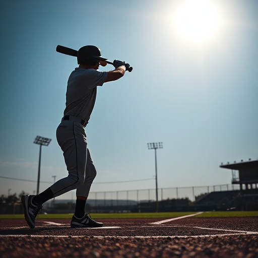Create a high-resolution silhouette of a baseball player swinging a bat captured with a Canon EOS R5 at f/2.8, 1/1000s shutter speed, ISO 200, shot from a low angle, using a telephoto lens for a dynamic perspective.