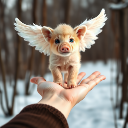A small, pig with angelic wings standing on a human hand. The cub has a soft, fluffy texture with detailed fur, expressive blue eyes, and a curious expression. The wings are large and feathery, blending seamlessly with its fur, giving an ethereal appearance. The background is a winter forest, with the ground covered in snow and blurred brown trees, creating a serene atmosphere. The human hand in the foreground is positioned palm-up, supporting the lion cub gently, fingers slightly curled. The lighting is soft and diffused, enhancing the tender and magical feel of the scene. Colors are predominantly neutral with white, cream, and soft browns, contrasting with the subtle blue of the lion cub's eyes. The overall composition is balanced, with the cub at the center, creating a focal point that draws the viewer's attention immediately.