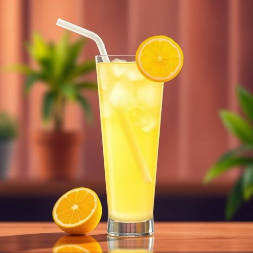 Create a vibrant, high-resolution digital illustration of a refreshing lemonade drink in a tall glass, featuring a slice of lemon on the rim, with a flexible straw, using a DSLR camera with a 50mm lens, aperture at f/2.8, ISO 100, and a shallow depth of field to enhance the background blur.