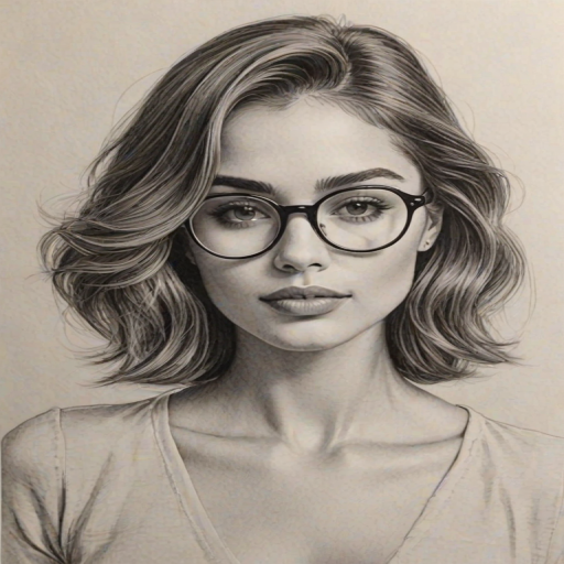 Appealing Olivia Culpo, pencil sketch, portrait of Delightful woman 1976s in glasses, hair style beatnik, outline, clear lines, fine lines, 8k