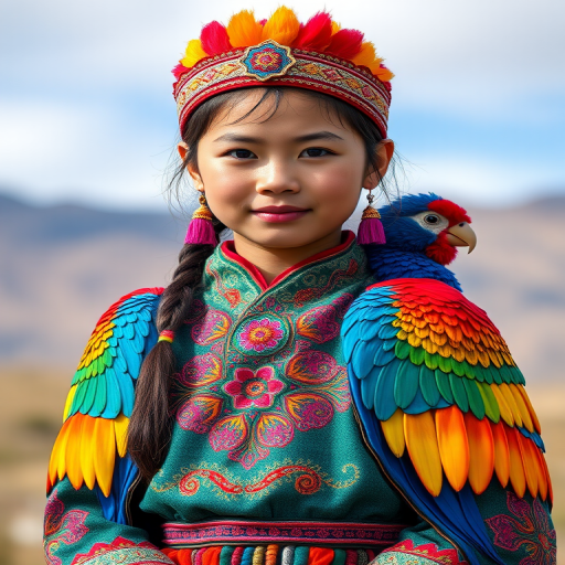 A beautiful Mongolian girl, wearing colorful bird clothing with vibrant colors