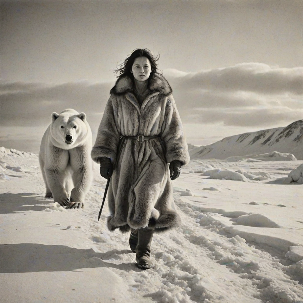 A very old photograph in black and white. The photo is badly damaged, faded, with scratches, tears, smudges and dirt. The photo is ultra-realistic and very detailed. It's a picture of an Arctic warrior. She is walking serenely towards the camera. At her side walks a majestic polar bear. Its fur shines in the sunlight. Snow, ice, sea. wind. snow in the air.