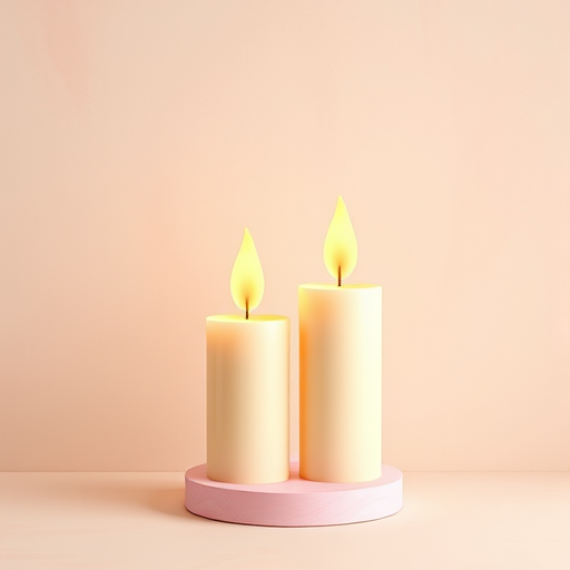 Create a visually appealing digital illustration of two stylized candles with soft flames, positioned vertically on a textured pastel background, using a Canon EOS R5 with a 50mm lens, aperture f/2.8, ISO 200, in portrait orientation with natural lighting to enhance color vibrancy and detail.