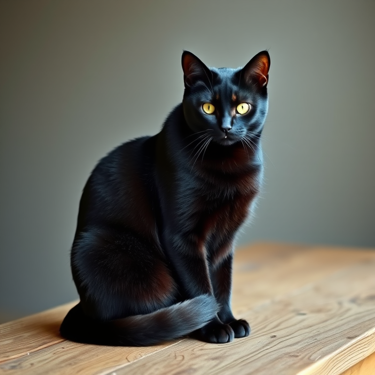 Create a high-resolution image of a stylized black cat with smooth fur sitting gracefully on a wooden surface, captured with a DSLR camera at f/2.8 aperture, 50mm lens, ISO 100, natural light setting for soft shadows and high detail.
