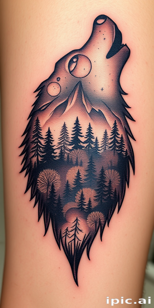 nature-inspired dotwork tattoo featuring a majestic wolf silhouette filled with intricate forest scenes and constellations, gradually fading into the skin for a ethereal effect