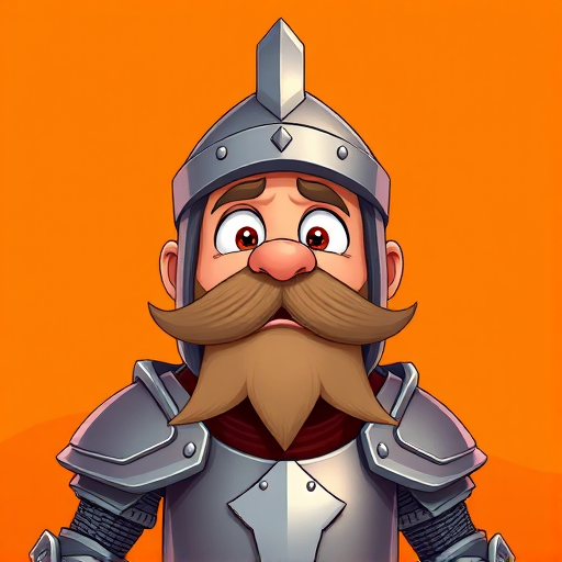 Create a high-resolution digital illustration of a surprised cartoon knight with a large mustache, wearing armor, set against a vibrant orange background, using a Canon EOS R5 with an 85mm f/1.2 lens, aperture set to f/2.8, ISO 100, with a soft focus on the background and a slight vignette effect for added depth.