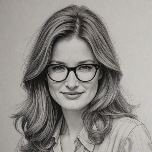 Magnificent Kathryn Hahn, pencil sketch, portrait of Delightful woman 1973s in glasses, hair style beatnik, outline, clear lines, fine lines, 8k