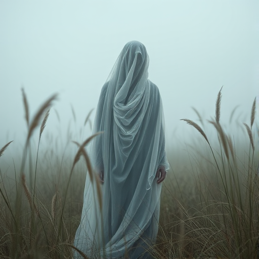 a mysterious figure draped in translucent fabric standing amidst tall, ethereal grasses in a foggy landscape, captured with a Canon EOS R5, 50mm f/1.2 lens, aperture f/2.8, ISO 100, soft focus background, natural light for a dreamlike atmosphere