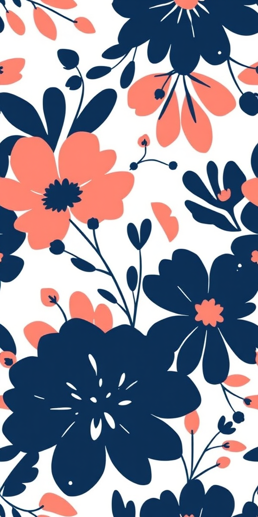 Create a seamless pattern featuring abstract floral and botanical shapes in navy blue and coral, with a clean white background, captured using a Canon EOS R5 with a 50mm f/1.8 lens at f/4, ISO 100, and a high-resolution setting for enhanced clarity.