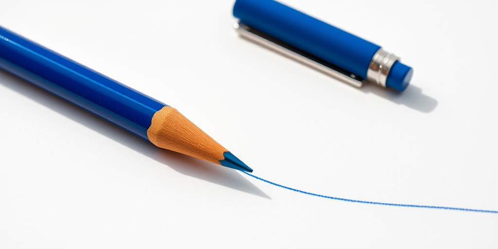 Create a high-resolution image of a blue pen and a yellow pencil laying on a white background with a curved line drawn by the pen, using an 85mm lens, aperture f/1.8, ISO 100, captured in natural light to enhance clarity and detail.