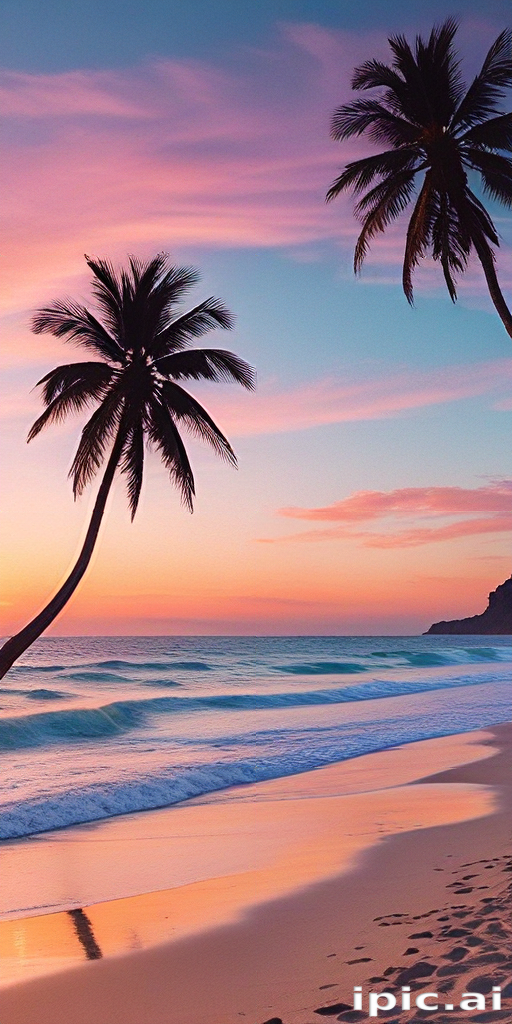 A Serene Sunset Over a Tropical Beach with Palm Trees Silhouetted.