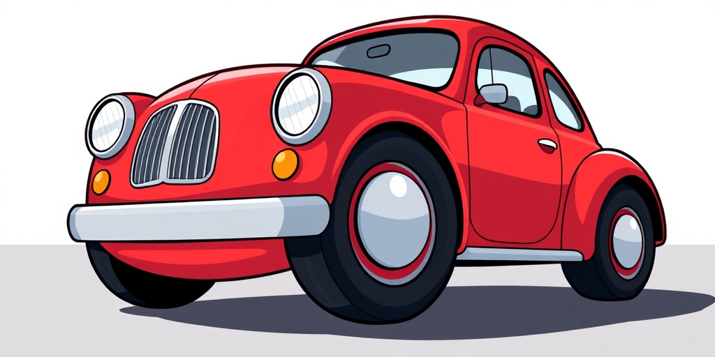 Create a high-resolution illustration of a cartoon-style red car with large circular wheels and a simple design, using a wide-angle lens, f/5.6 aperture, ISO 100, and natural lighting for enhanced color vibrancy and clarity.