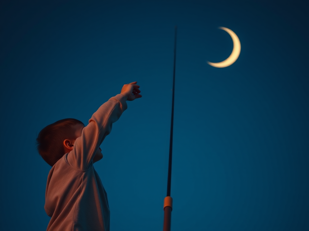 A child reaching for a crescent moon with a fishing pole, minimalist style, rich blue background, soft lighting, DSLR camera, 50mm lens, f/2.8, ISO 100, shot from a low angle to emphasize the height of the pole.