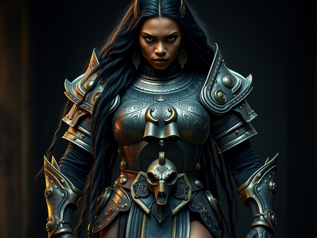 Create a photo of a fierce Yoruba female warrior with long black hair, wearing an ornate, metallic armor. The armor includes a breastplate with intricate designs, shoulder guards, and gauntlets. The breastplate is decorated with a central emblem, possibly representing a mythical symbol, and has a sculpted, form-fitting design. She wears a belt with a large skull ornament at the center, and her armor extends into a partial skirt, revealing one leg. The overall look is both protective and stylish, with a dark, gothic aesthetic. The background is dimly lit, suggesting a medieval or fantasy setting, enhancing the warrior's imposing presence and intense expression.