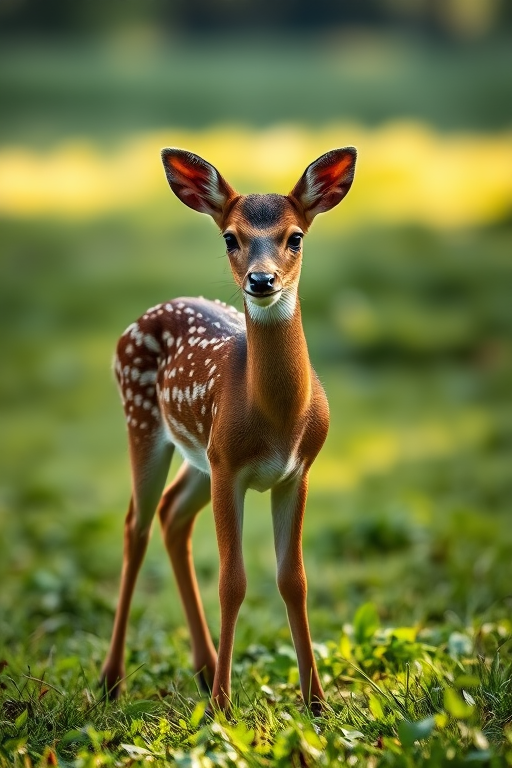 A young spotted deer standing on a lush green field in soft natural light, captured with a DSLR camera at 50mm f/2.8, ISO 200, shutter speed 1/250s, with a shallow depth of field to blur the background and emphasize the deer.