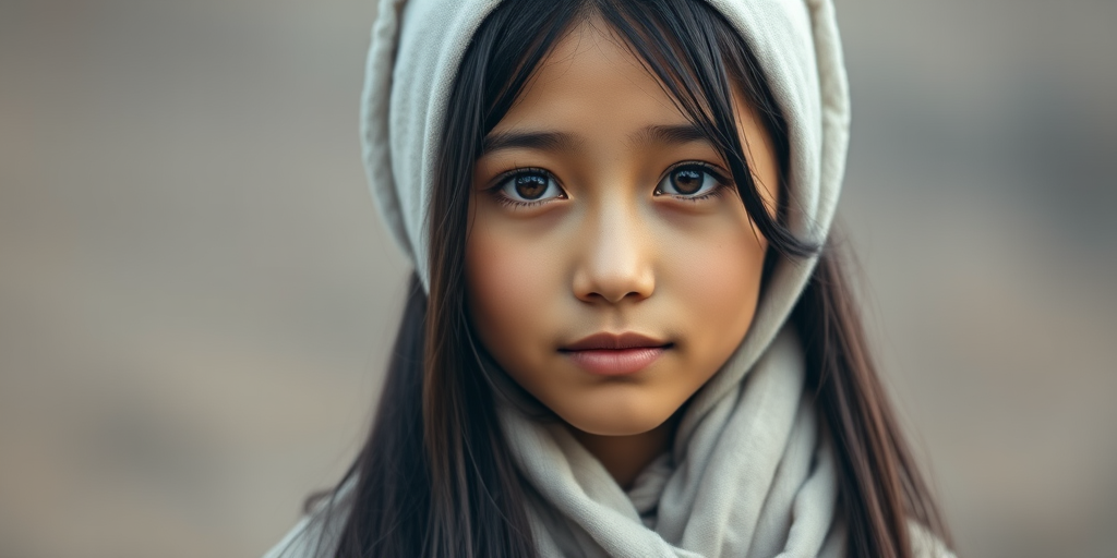 Create a portrait of a young Tibetan female with long, dark hair and captivating hazel eyes. She is wearing a white headscarf and a matching scarf draped gracefully around her neck. The background is softly blurred, focusing attention on her serene and natural expression. The overall color palette is muted and warm, enhancing the intimate and authentic feel of the portrait.