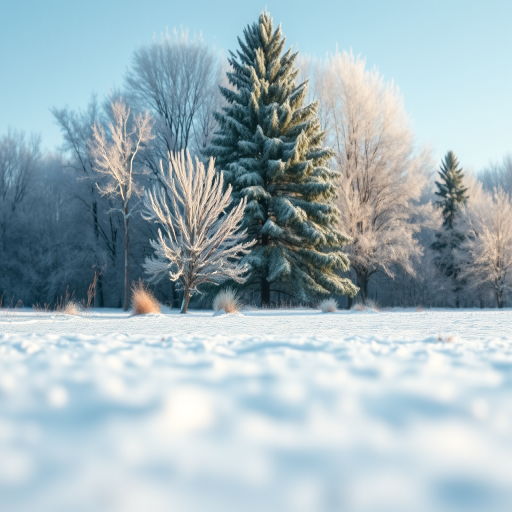 Capture a serene winter landscape with snow-covered ground and frosted trees in the background, using a Canon EOS R5, 50mm lens, aperture f/2.8, ISO 100, shutter speed 1/200s, soft focus foreground, and natural lighting to enhance image quality.