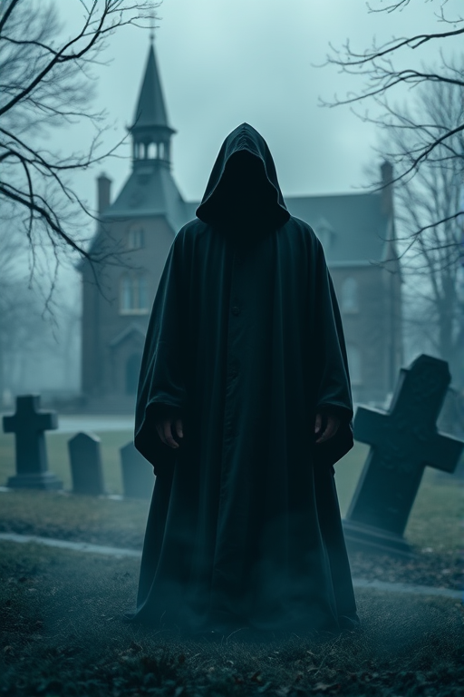 Create a haunting scene featuring a cloaked figure in a dark, foggy graveyard, with an eerie mansion in the background, shot with a full-frame camera at ISO 200, aperture f/2.8, shutter speed 1/60s, using a wide-angle lens to enhance depth, under low-light conditions for dramatic effect and high contrast.