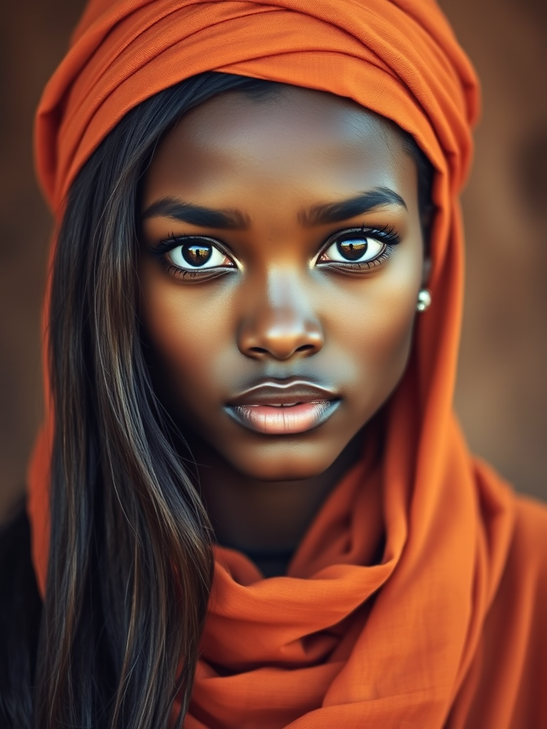 Create a portrait of a young Nubian woman with long, dark hair and captivating hazel eyes. She is wearing a orange headscarf and a matching scarf draped gracefully around her neck. The background is softly blurred, focusing attention on her serene and natural expression. The overall color palette is muted and warm, enhancing the intimate and authentic feel of the portrait.