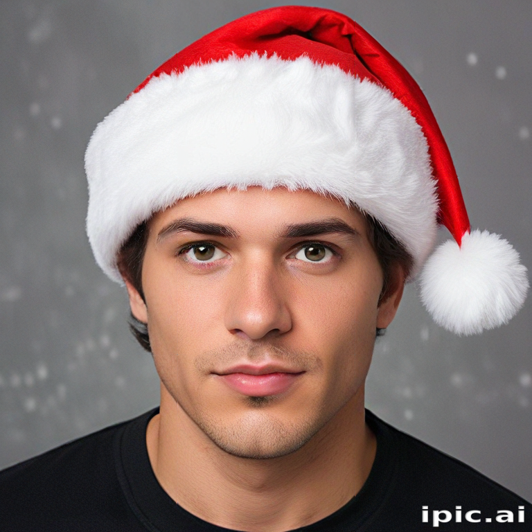Young Man Smiling Cheerfully in a Festive Santa Hat Against a Gray ...