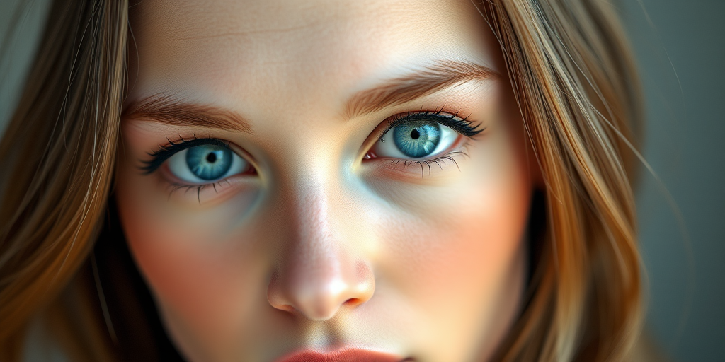 Create a hyper-realistic portrait of a young woman with striking blue eyes and smooth skin, using a Canon EOS R5 camera, 85mm lens, f/1.8 aperture, ISO 100, with soft natural lighting and a shallow depth of field to enhance the details and vibrancy.