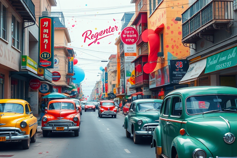 Regenerate a vibrant urban street scene with watercolor splashes in the background, featuring vintage cars and a lively city atmosphere, captured with a Canon EOS R5, 24mm lens, f/8 aperture, ISO 100, and a wide-angle perspective to enhance depth and color vibrancy.