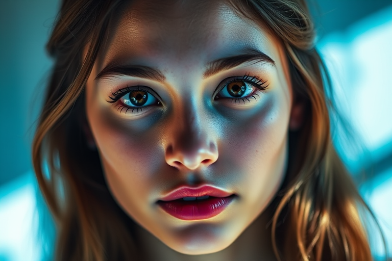 portrait of a young woman with striking blue lighting, close-up shot, 50mm lens, f/1.8 aperture, ISO 100, soft focus background, dramatic shadows, natural light blend