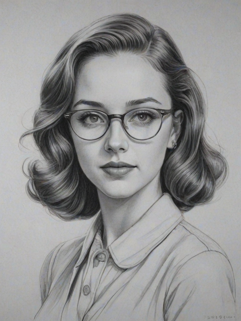 Magnificent Haley Ramm, pencil sketch, portrait of Elegant woman 1939s in glasses, hair style beatnik, outline, clear lines, fine lines, 8k