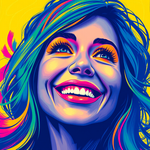 Generate a psychedelic portrait of a woman's happy face with brushstrokes of a woman smiling and looking up at the sky, emphasizing bright and bold colors. The dominant color should be deep blue, with swirling patterns of yellow, green, pink, purple and orange. open blue eyes with long eyelashes, apply an orange-yellow eyeshadow for a mesmerizing effect.