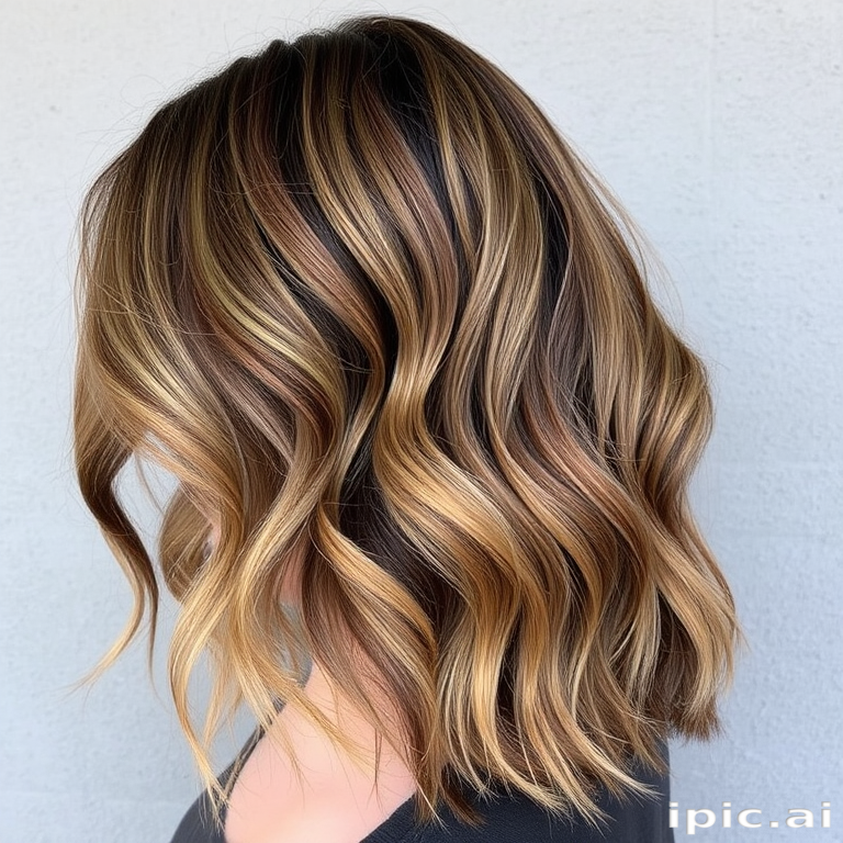 Nature-inspired hair style exhibiting a long layered cut with earthy tones of moss green and bark brown in a balayage technique