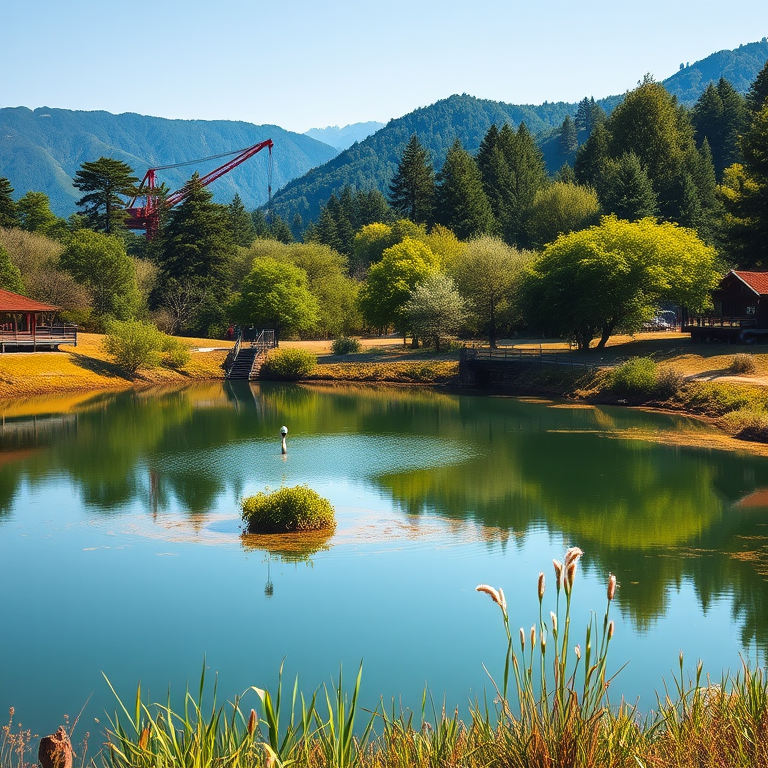 Create a serene landscape featuring a pond with a crane and a small bridge, surrounded by lush trees and distant mountains, captured with a Canon EOS R5 camera using a 35mm lens, aperture set to f/8 for depth of field, a sunny day setting for vibrant colors, and a balanced light exposure to enhance image clarity.