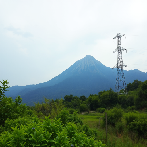 Capture a high-resolution landscape shot of a mountain with a power tower in the foreground, using a DSLR camera at 24mm focal length, aperture f/8, ISO 200, with a slight overcast sky and vibrant green vegetation, in a wide-angle perspective.