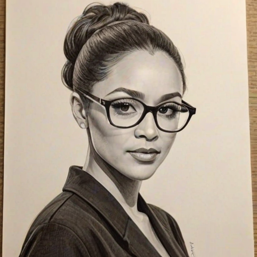 Ravishing Tamara Mowry, pencil sketch, portrait of Graceful woman 1963s in glasses, hair style beatnik, outline, clear lines, fine lines, 8k