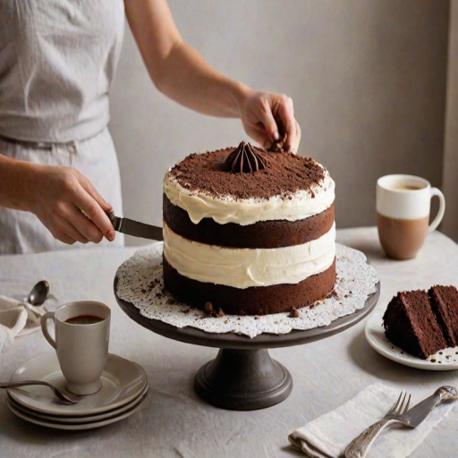 Create an image of a beautifully layered cake on a decorative cake stand. The cake has a smooth white frosting and is topped with a rich chocolate dusting. A hand is gently sprinkling cocoa powder over the cake. Include a small cup of coffee on the side and a knife resting nearby. The setting should be bright and inviting, with a simple tablecloth underneath.