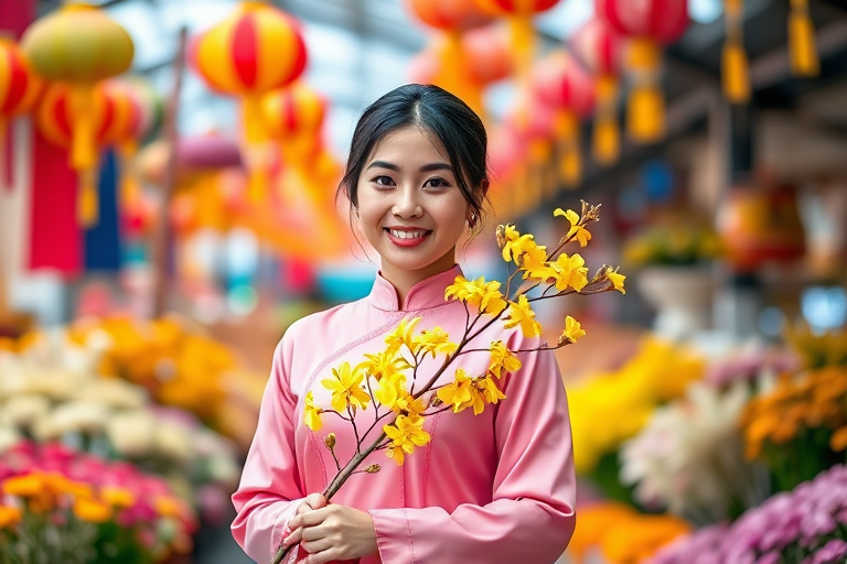 A young woman in a pink traditional dress holding a branch with yellow flowers in a vibrant flower market during spring, with colorful lanterns in the background, captured with a Canon EOS R5, 50mm lens, aperture f/1.8, shallow depth of field, natural lighting, vibrant colors.