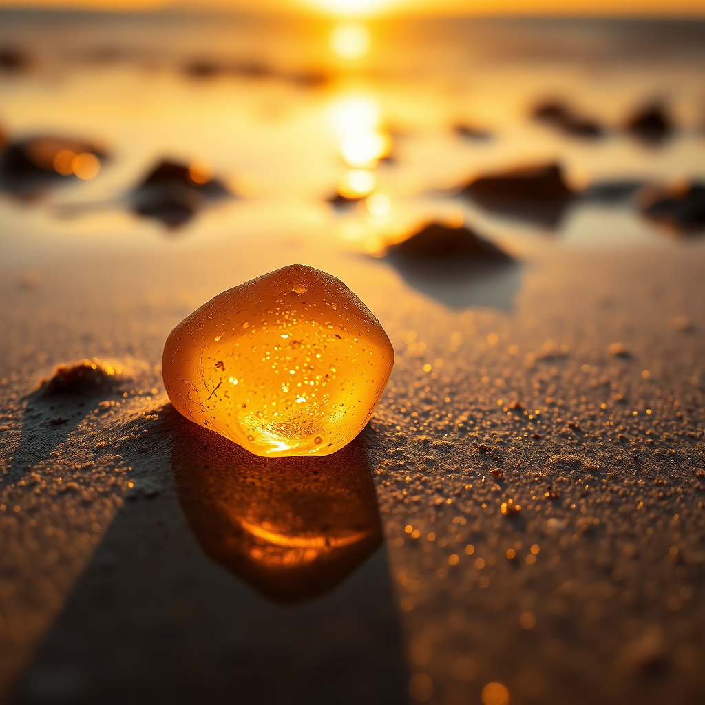 Capture a close-up shot of a translucent amber stone on a wet beach at sunset, with golden hour lighting illuminating the stone; use a DSLR camera with a 50mm lens, aperture f/2.8, ISO 100, shutter speed 1/200 sec, and focus on the reflections in the sand.
