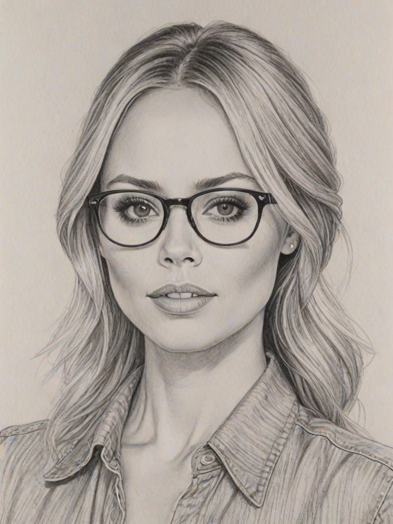 Charming Laura Vandervoort, pencil sketch, portrait of Captivating woman 1979s in glasses, hair style beatnik, outline, clear lines, fine lines, 8k